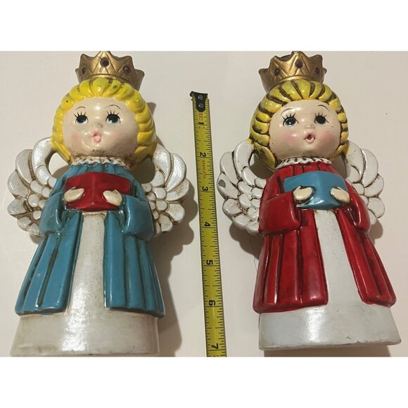 2 Homco  Angel Candleholders Red & Blue Dresses, Gold Crowns with Jewels 60-70's - Picture 6 of 11